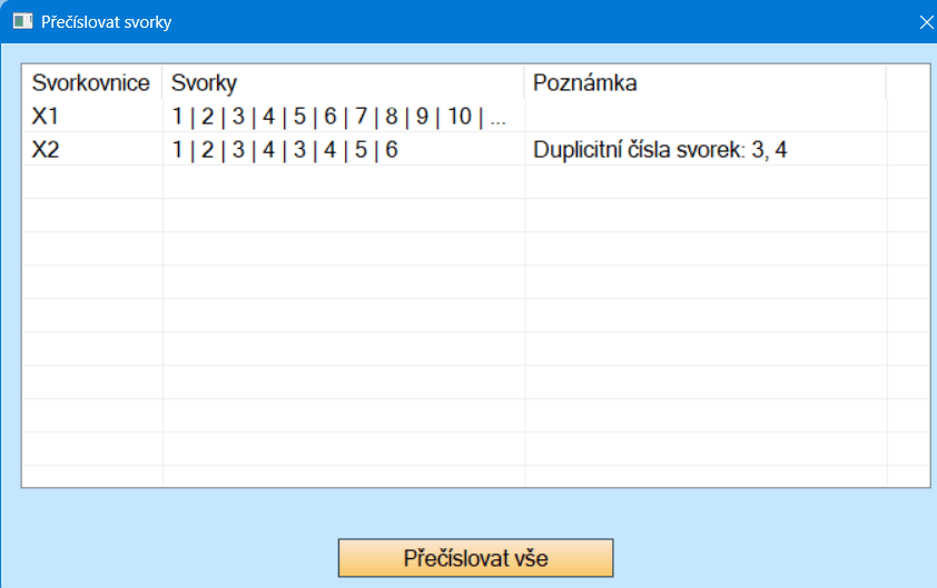 dialog Přečíslovat svorky před přečíslováním