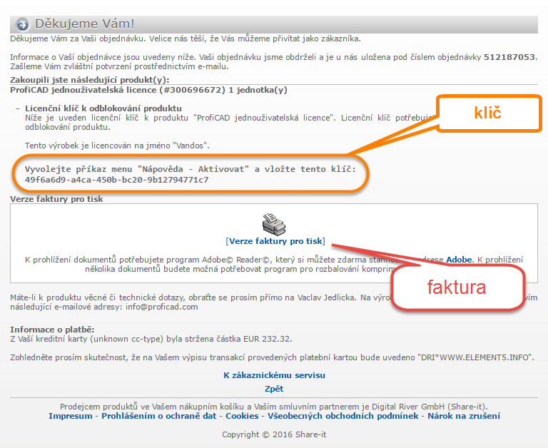 klíč a faktura při nákupu ProfiCADu